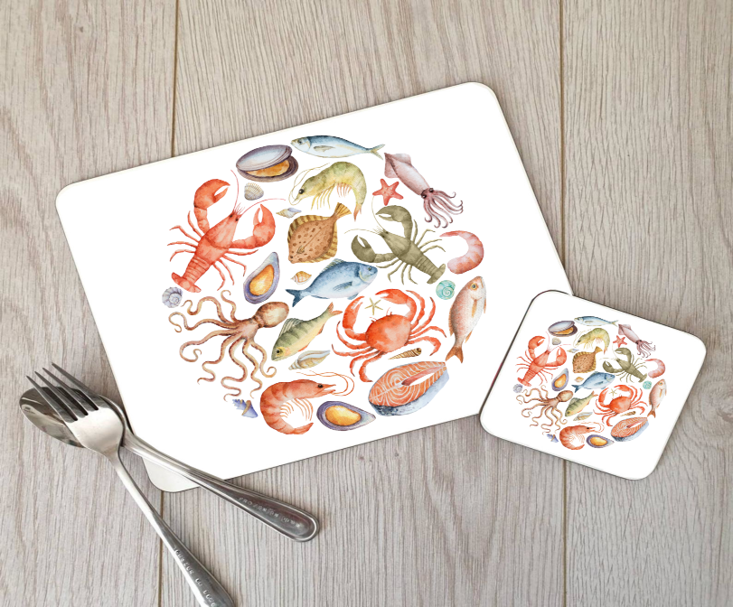 Shellfish Hardboard Placemat and Coaster Set